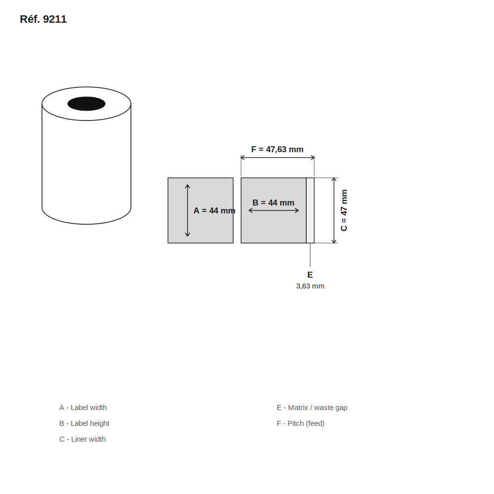 Schéma technique dimensions étiquette réf. 9211