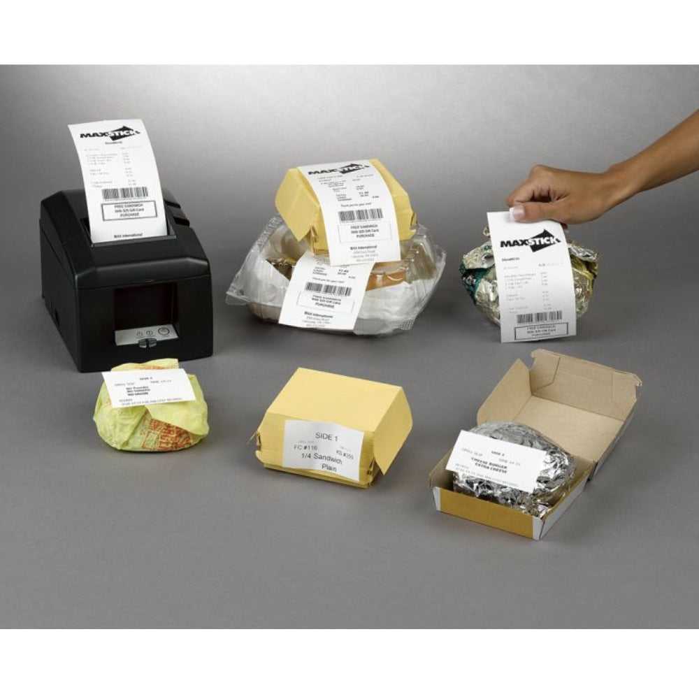 Étiquettes thermiques linerless 80 x 73 x 25 mm - 51.8 m MaxStick Iconex 2GOPlusD, adhésif repositionnable (carton de 24 rouleaux), MS3181702GOPLUSD