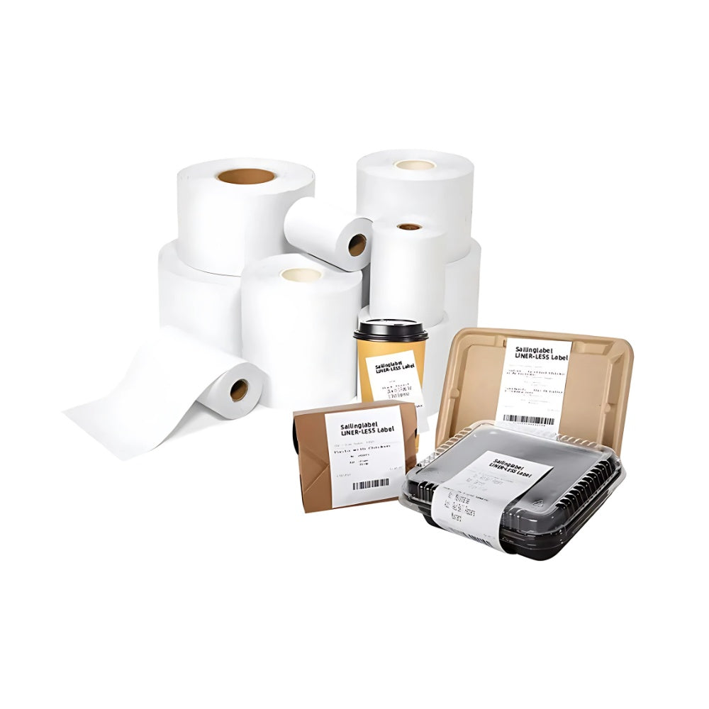 Échantillon rouleau étiquette thermique linerless linerfree 80 x 80 x 25 mm - 50 m, adhésif repositionnable (1 rouleau)