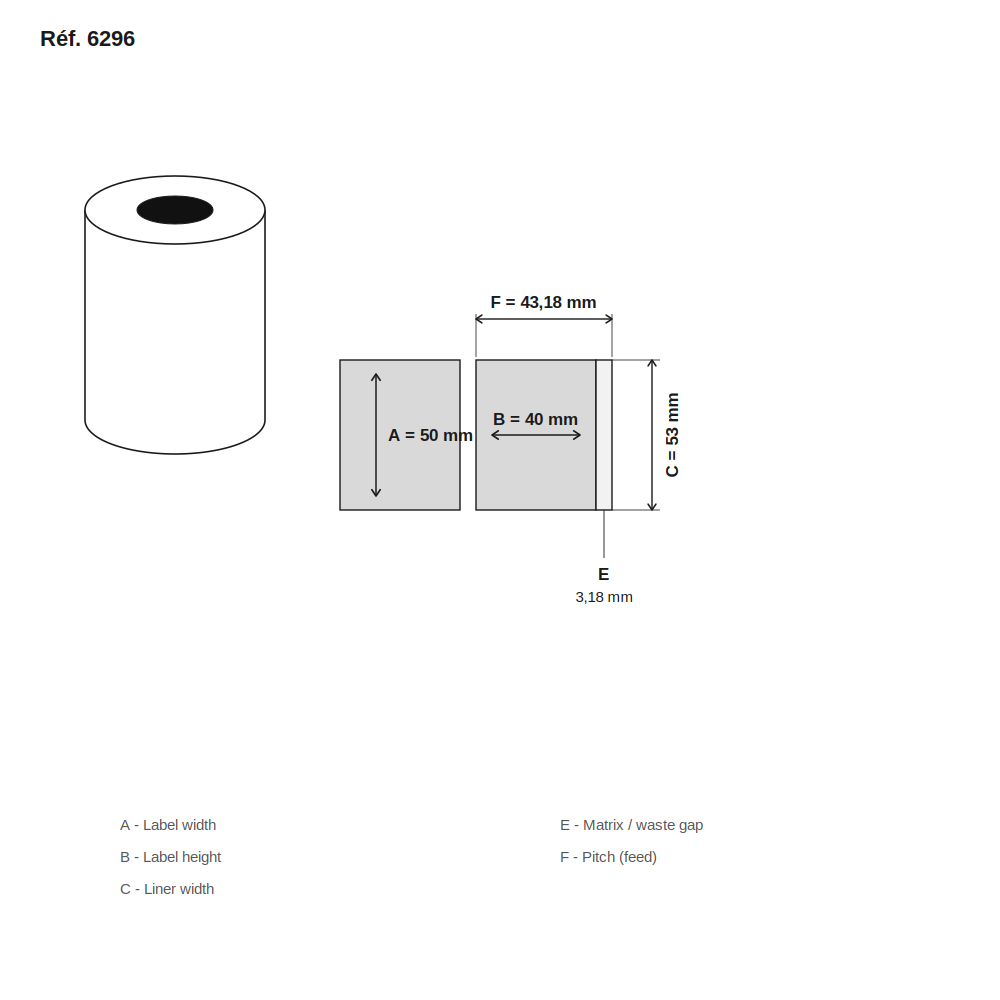Schéma technique dimensions étiquette réf. 6296