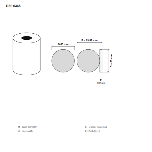 Schéma technique dimensions étiquette ronde réf. 6365