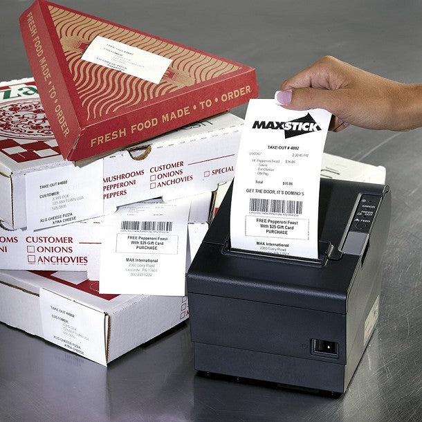 Étiquettes thermiques linerless 80 x 73 x 25 mm - 51.8 m MaxStick Iconex 2GOPlusD, adhésif repositionnable (carton de 24 rouleaux), MS3181702GOPLUSD