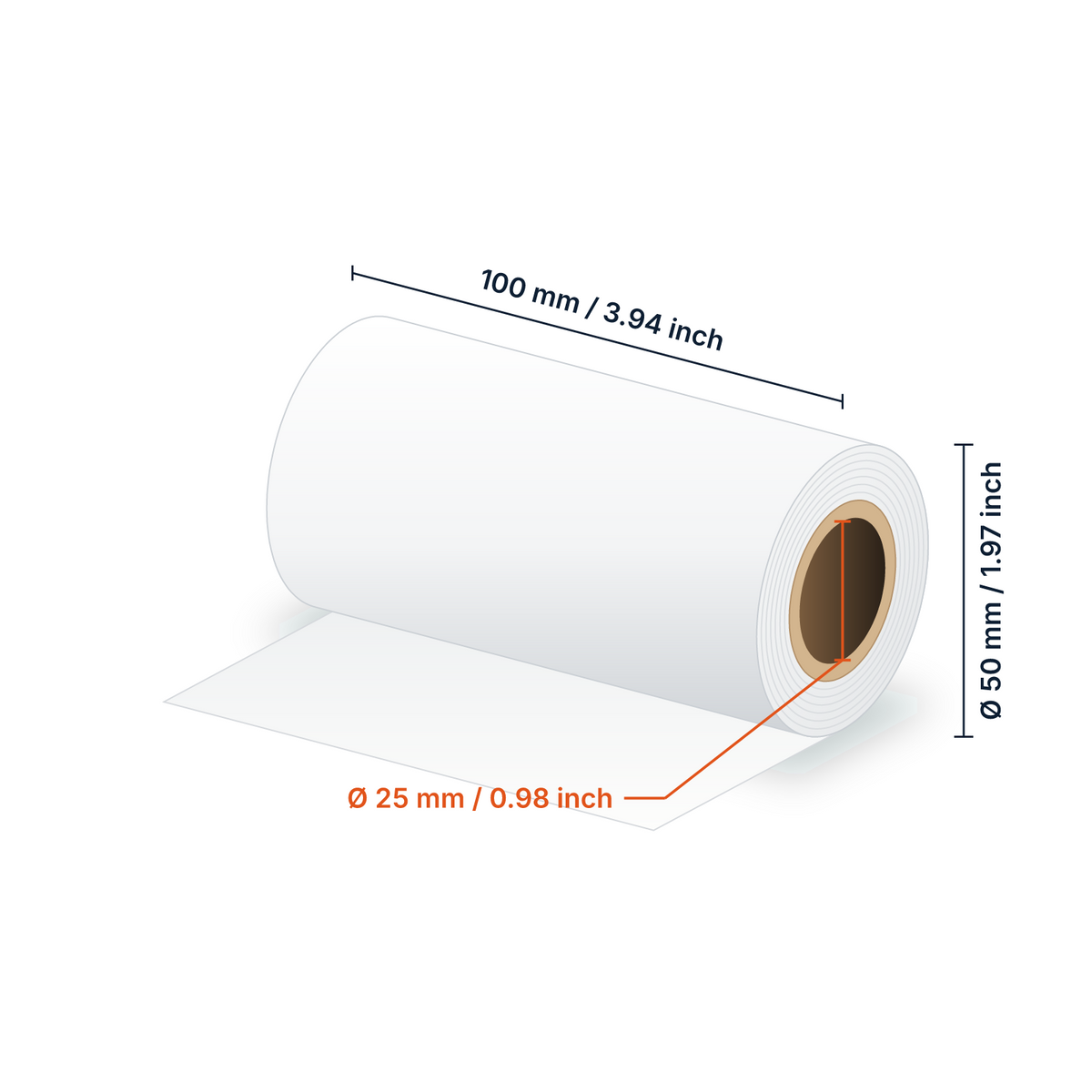 Dimensions bobine linerless : largeur 100 mm (3.94 in), diamètre 50 mm (1.97 in), mandrin 25 mm (0.98 in)