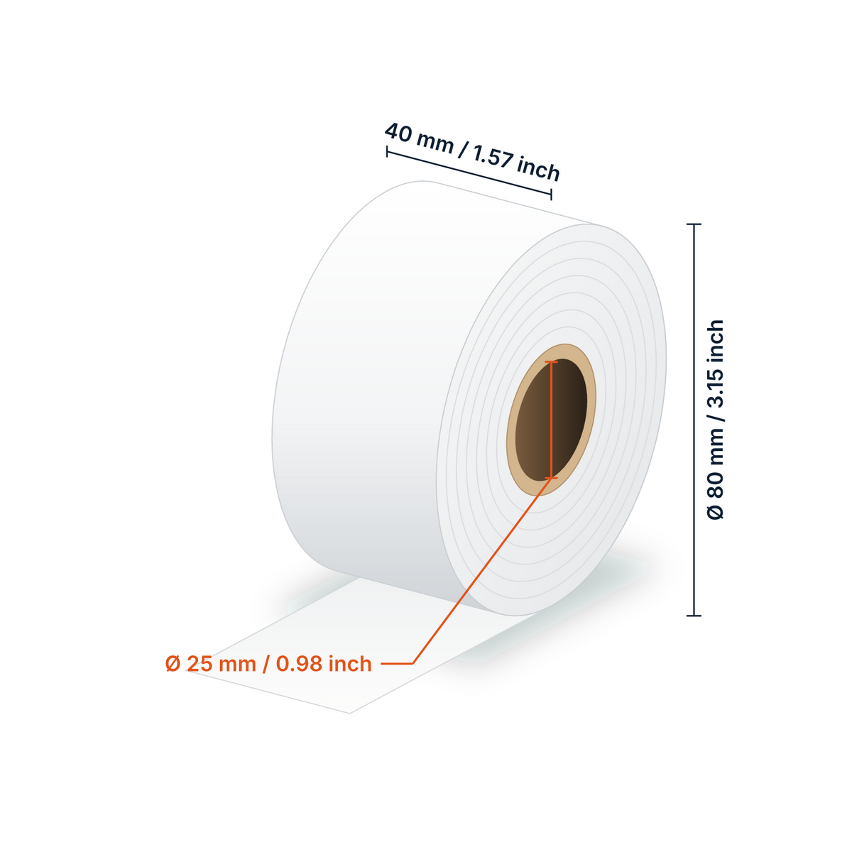 Dimensions bobine linerless : largeur 40 mm (1.57 in), diamètre 80 mm (3.15 in), mandrin 25 mm (0.98 in)