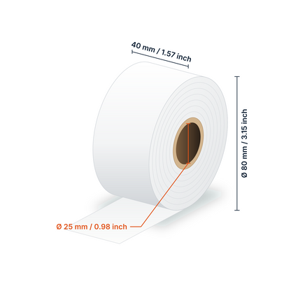 Dimensions bobine linerless : largeur 40 mm (1.57 in), diamètre 80 mm (3.15 in), mandrin 25 mm (0.98 in)