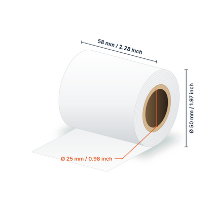 Dimensions bobine linerless : largeur 58 mm (2.28 in), diamètre 50 mm (1.97 in), mandrin 25 mm (0.98 in)