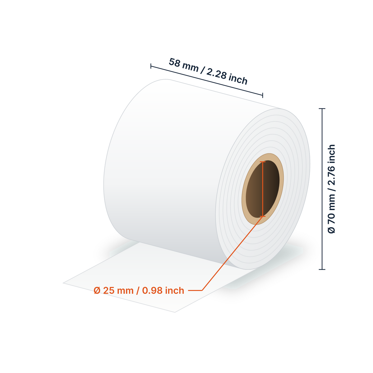 Dimensions bobine linerless : largeur 58 mm (2.28 in), diamètre 70 mm (2.76 in), mandrin 25 mm (0.98 in)