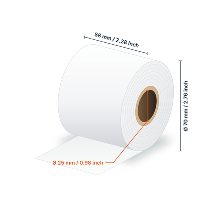 Dimensions bobine linerless : largeur 58 mm (2.28 in), diamètre 70 mm (2.76 in), mandrin 25 mm (0.98 in)