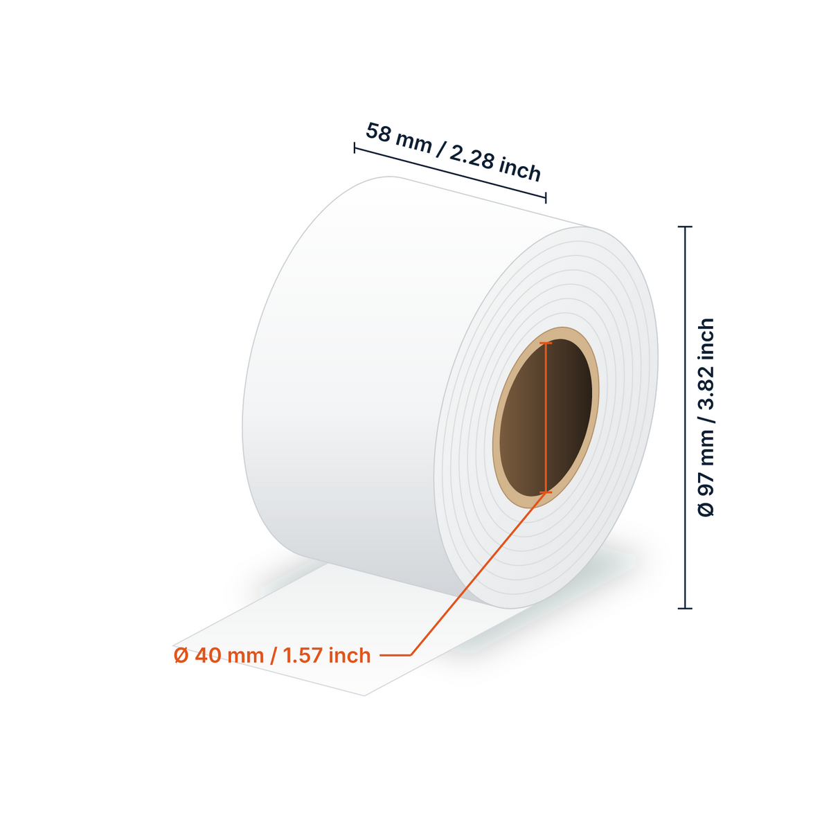 Dimensions bobine linerless : largeur 58 mm (2.28 in), diamètre 97 mm (3.82 in), mandrin 40 mm (1.57 in)